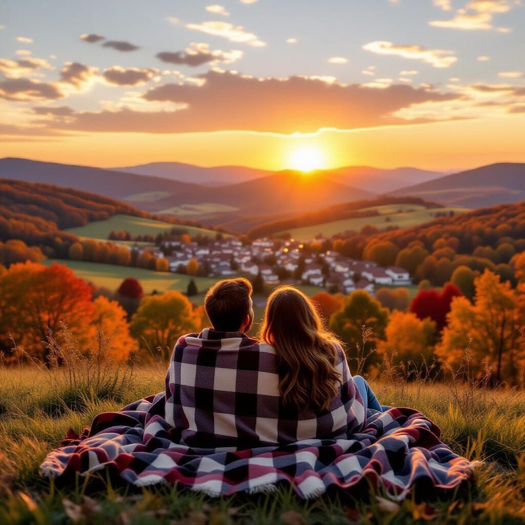 Autumn Sunset: Couple on Hilltop with Plaid Blanket