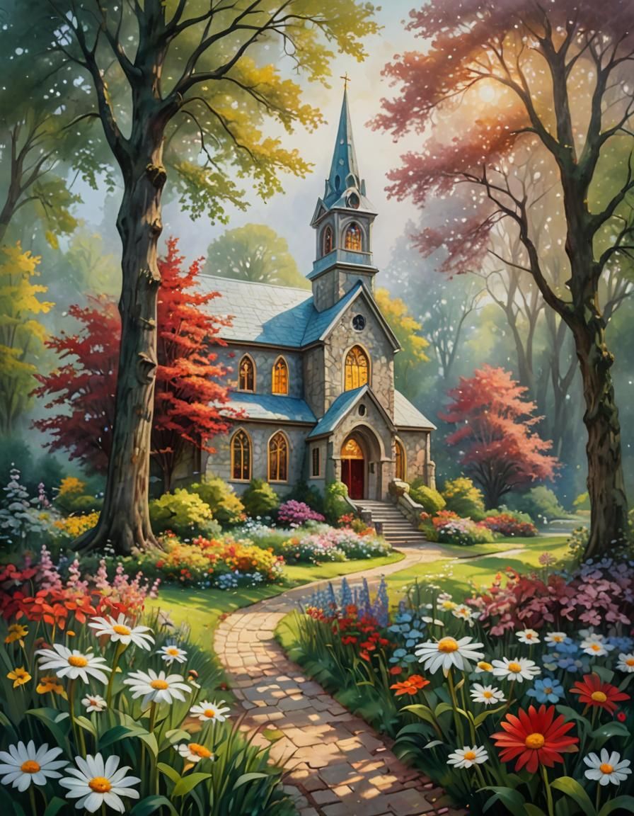 Ethereal Country Church with Red Daisy, Impressionistic Styl...