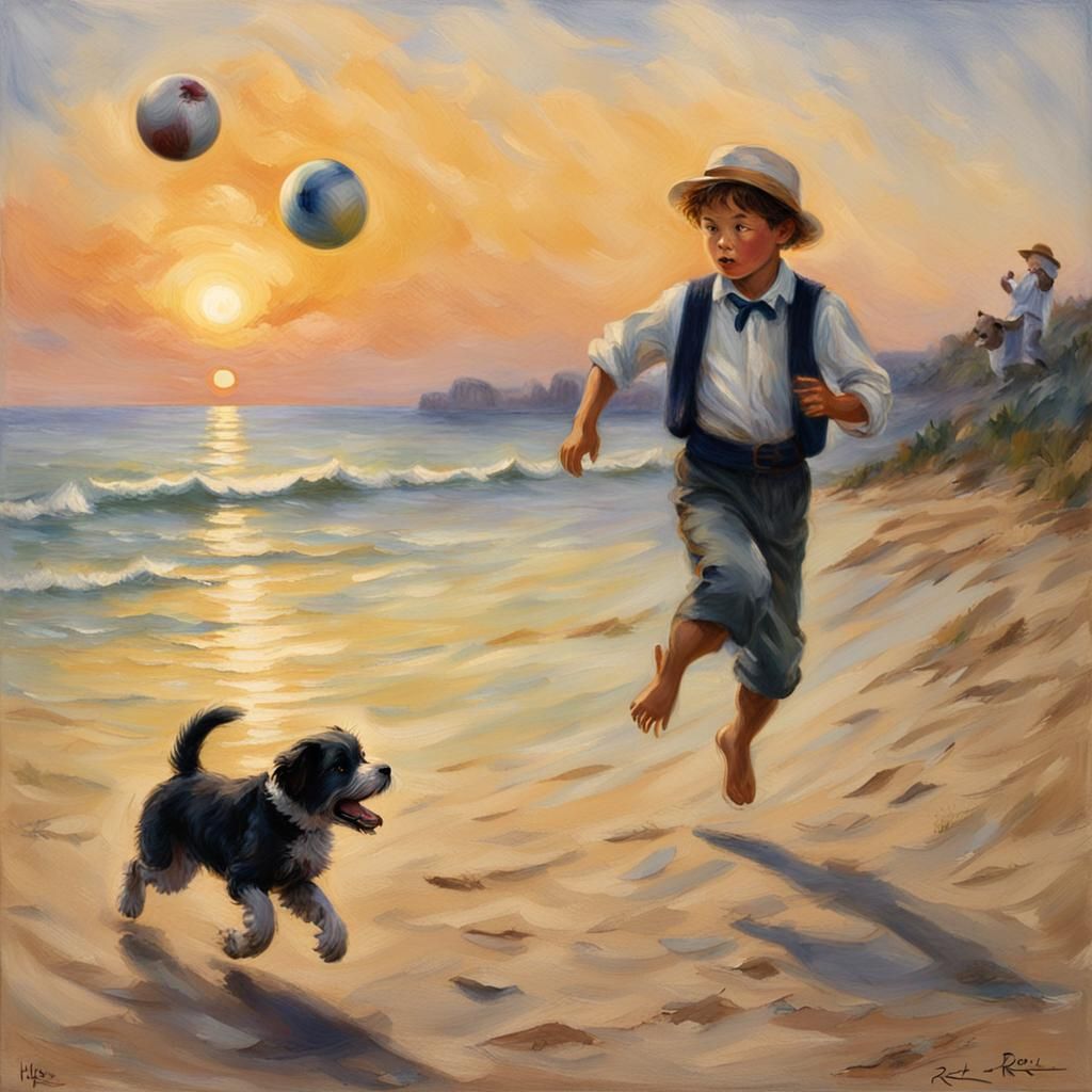 Boy and Puppy at Dawn: Impressionistic Beach Scene