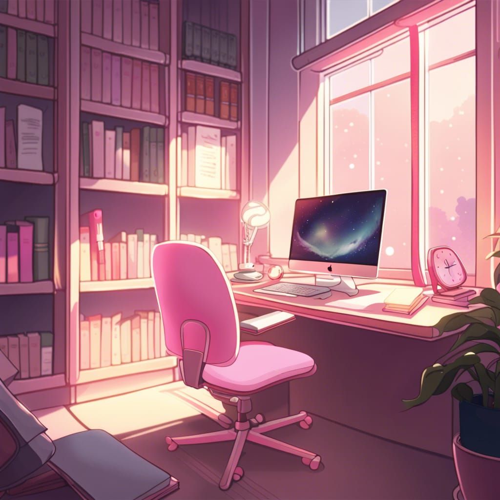 Cozy Anime Library with Desk and Pink Laptop