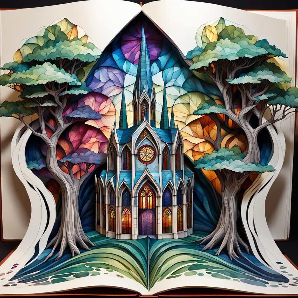 Cathedral Treehouse Pop-Up Book in Watercolor Ink