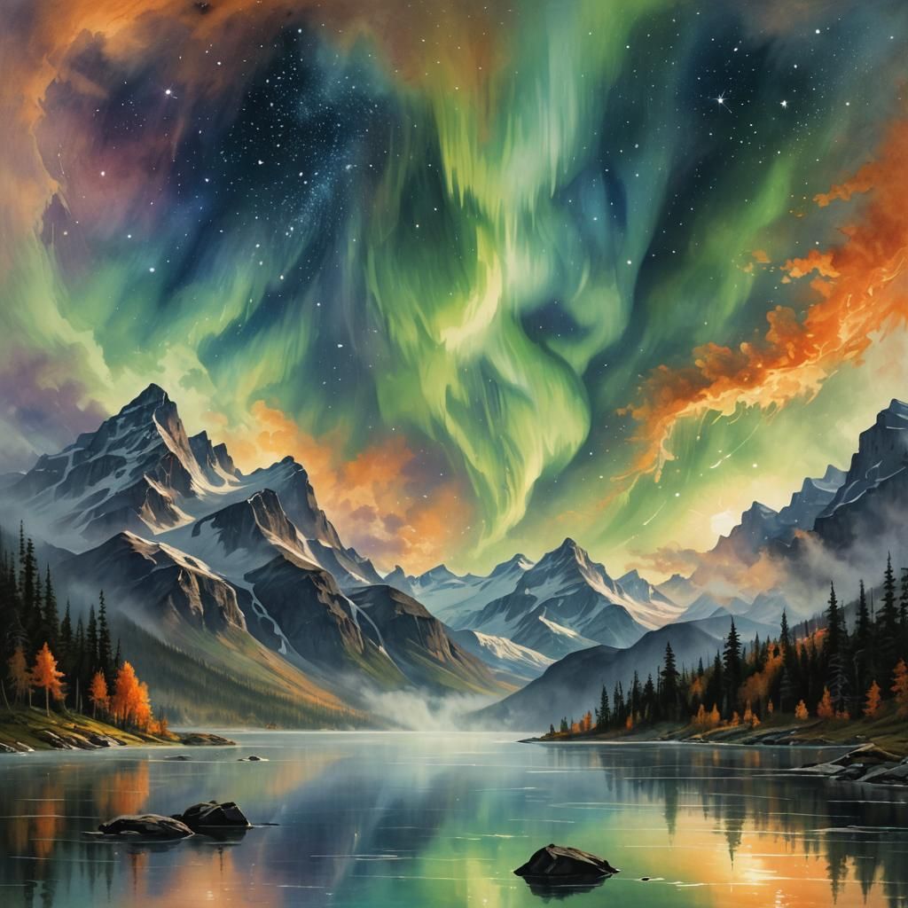 "epic mist lifting off glacier lake, northern lights, constellations, swirling mist, orange, light reflecting lake, fog...