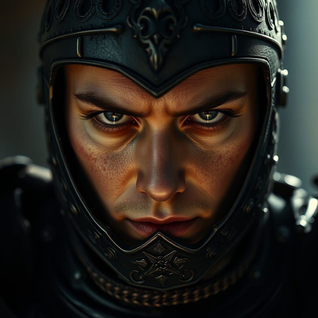 Lone Warrior in Dark Armour, Intense Gaze