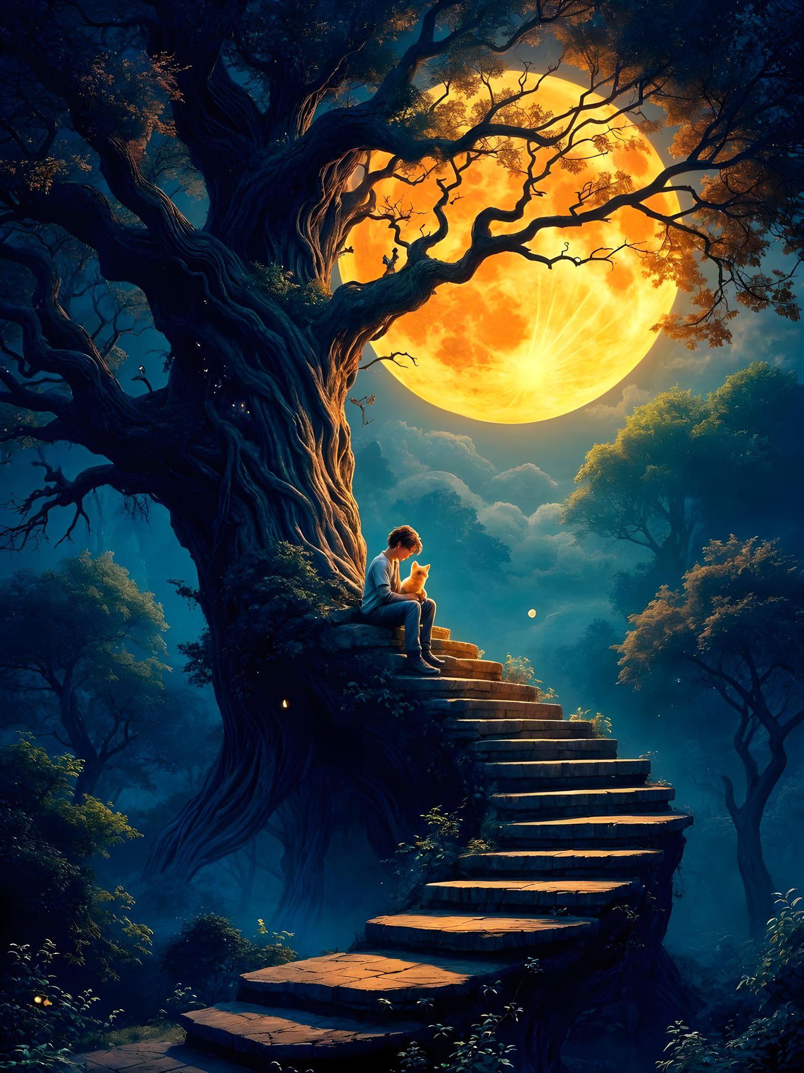 Boy with Glowing Cat on Tree Stair Under Luminous Moon