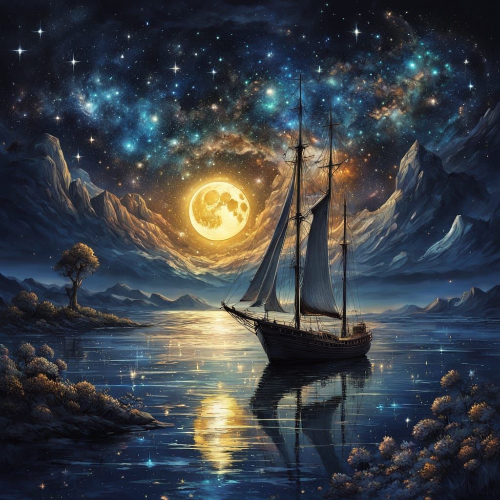 Golden Night Sailboat: Impressionist Masterpiece with Volume...