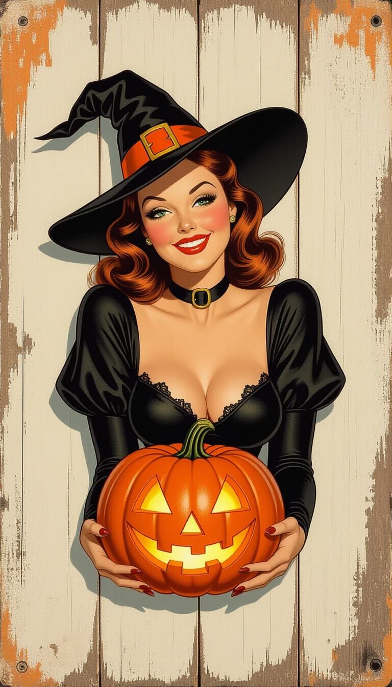 Vintage Halloween Pinup Witch with Jack-o'-Lantern