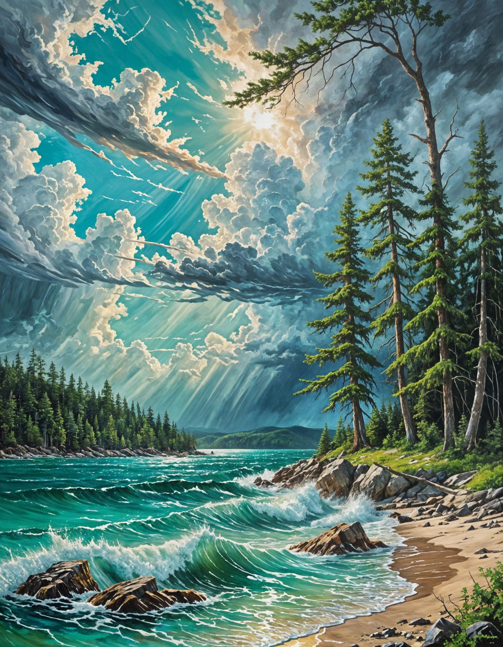 Turquoise Lake Scene in a Whimsical Oil Painting Style