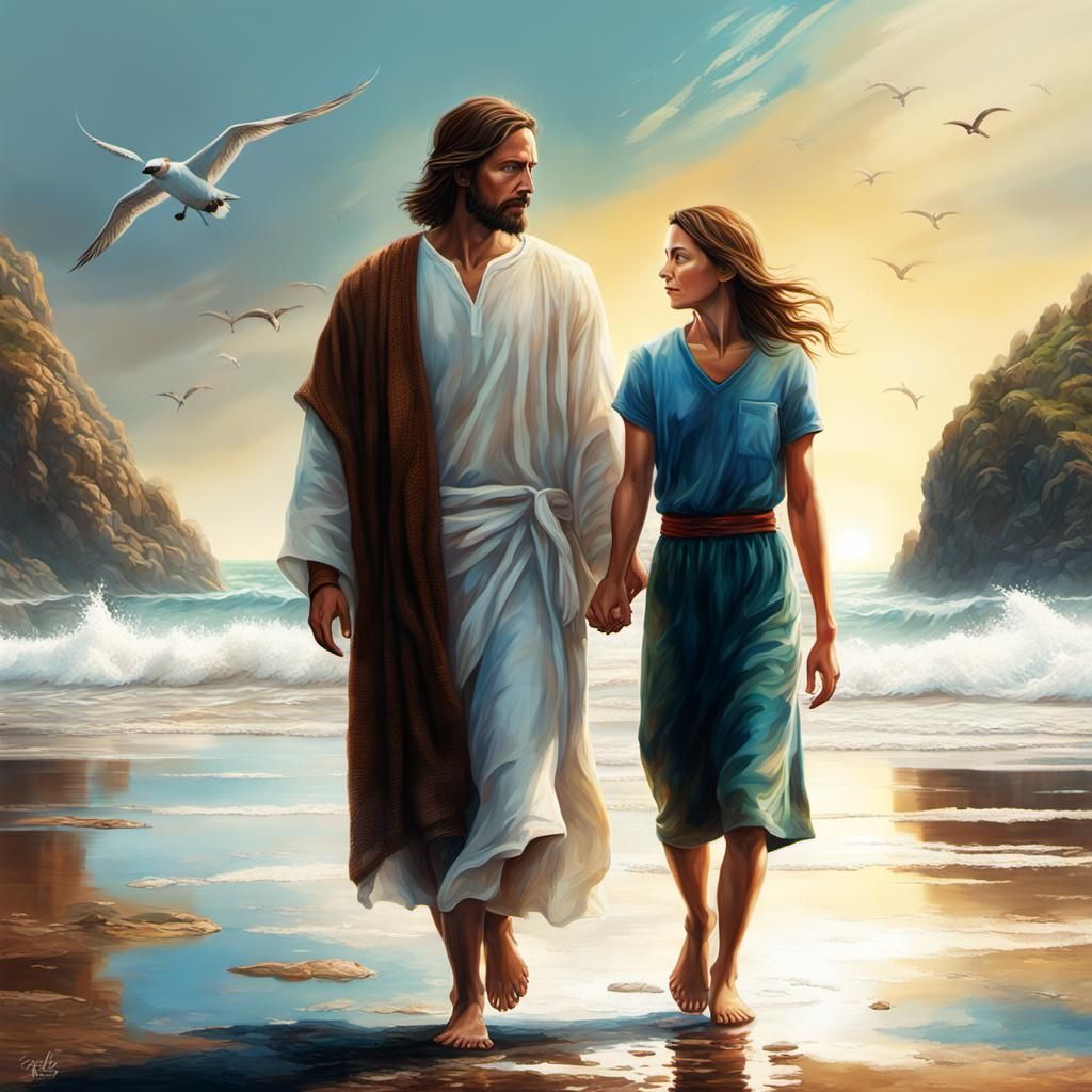Jesus Christ Walking by Seashore: Hyperrealistic Concept Art