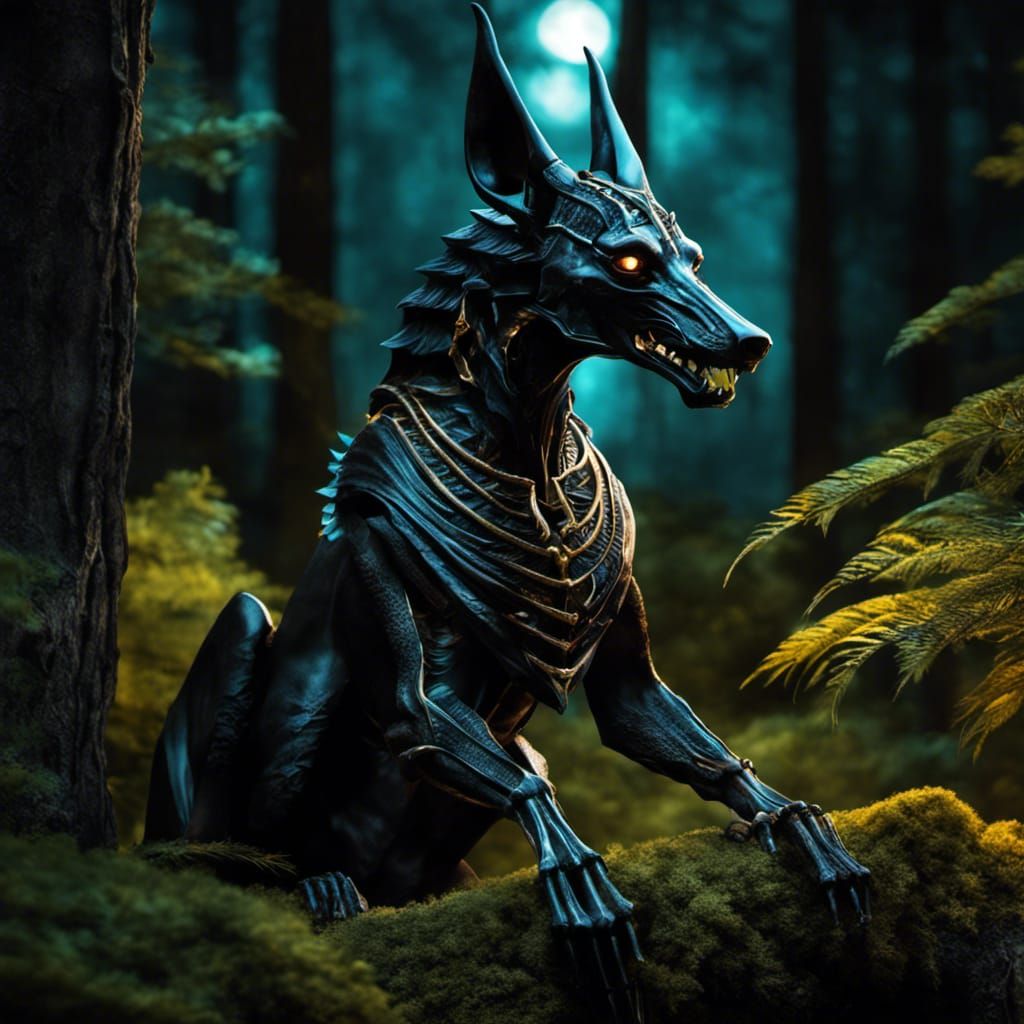 Hyperrealistic Skeletal Anubis in Bioluminescent Forest