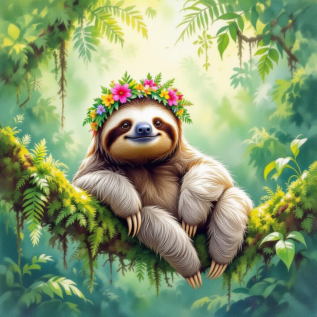 Content Sloth in Tropical Flowers as Watercolor Painting