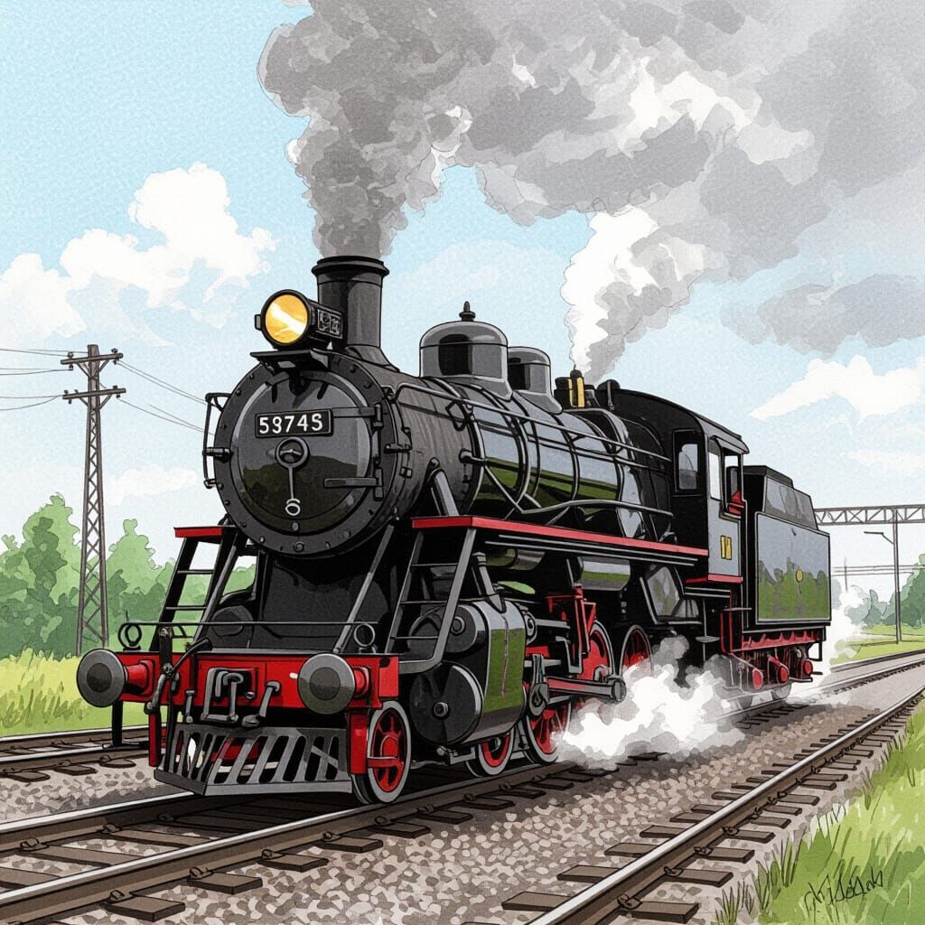 Detailed Charcoal Sketch of a Steam Locomotive