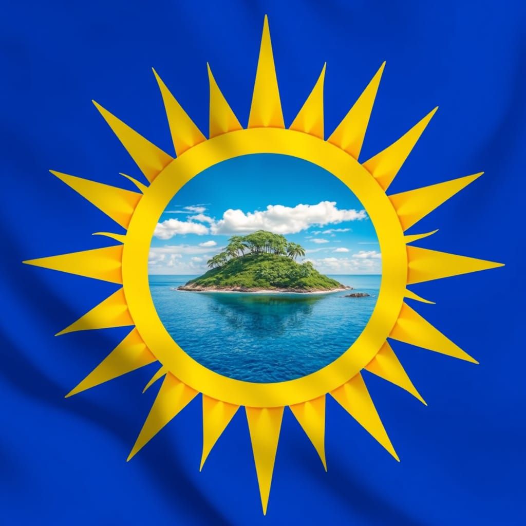 Island in a Vibrant Sun Frame, Digital Art Flag Style