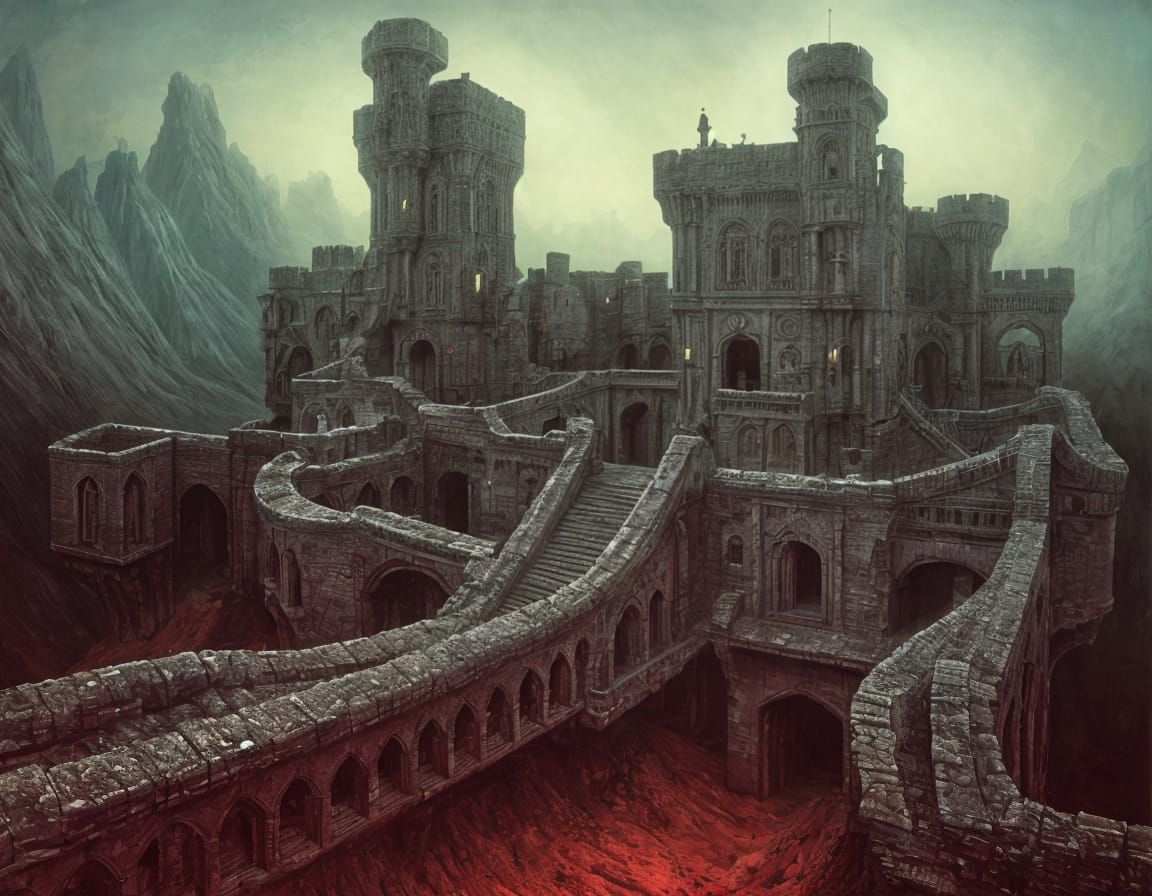Surreal Castle with Drawbridges in Dark Dreamscape
