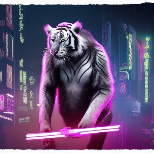 Cyberpunk Ape Rides Tiger in Neon Cityscape
