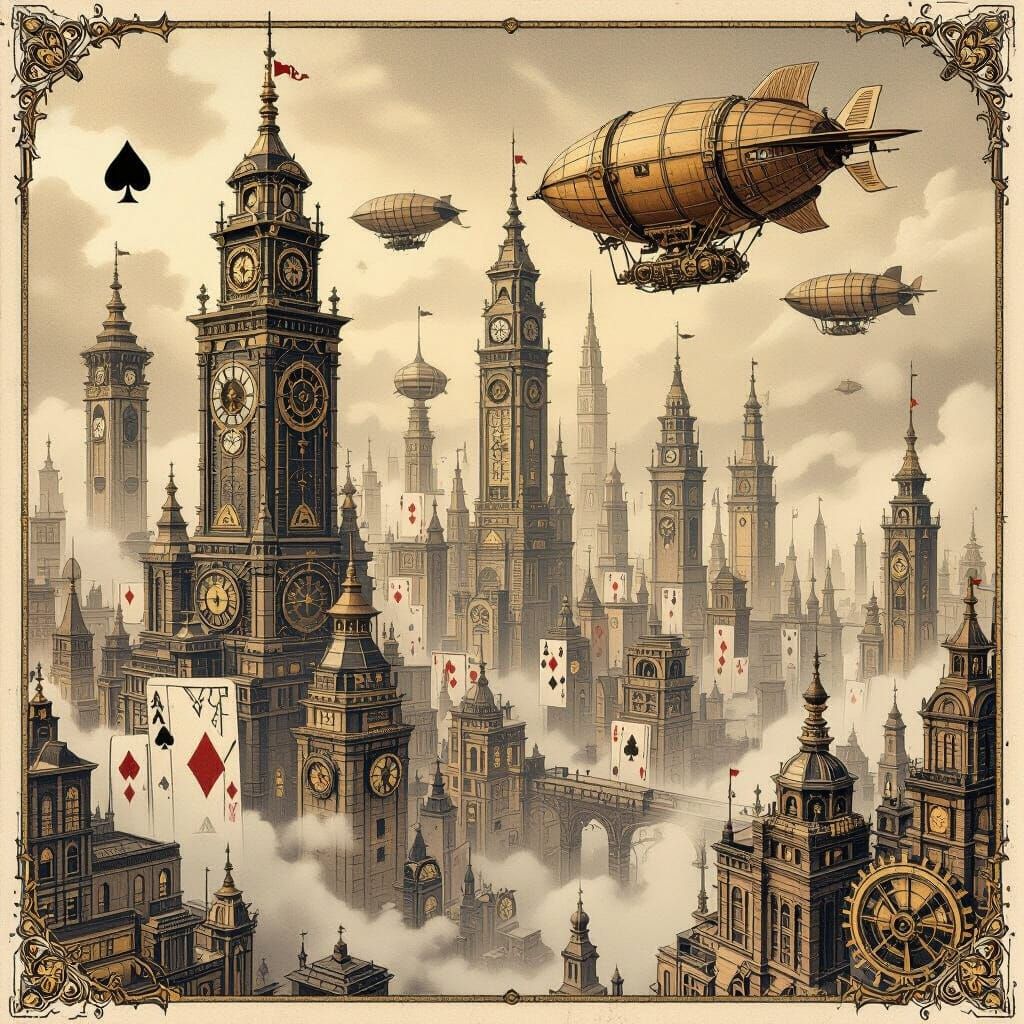 Steampunk City of Playing Cards and Clockwork