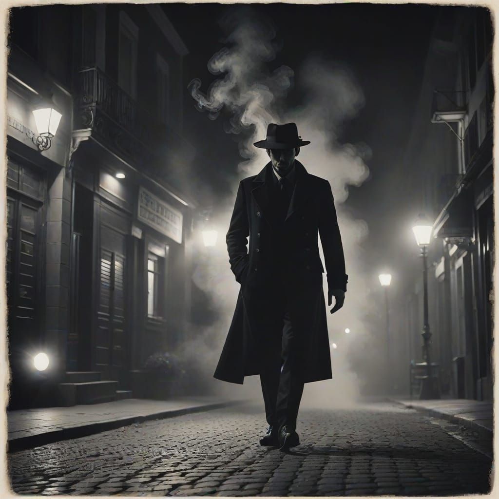 Mysterious Figure Emerges from the Shadows in a Gloomy Citys...