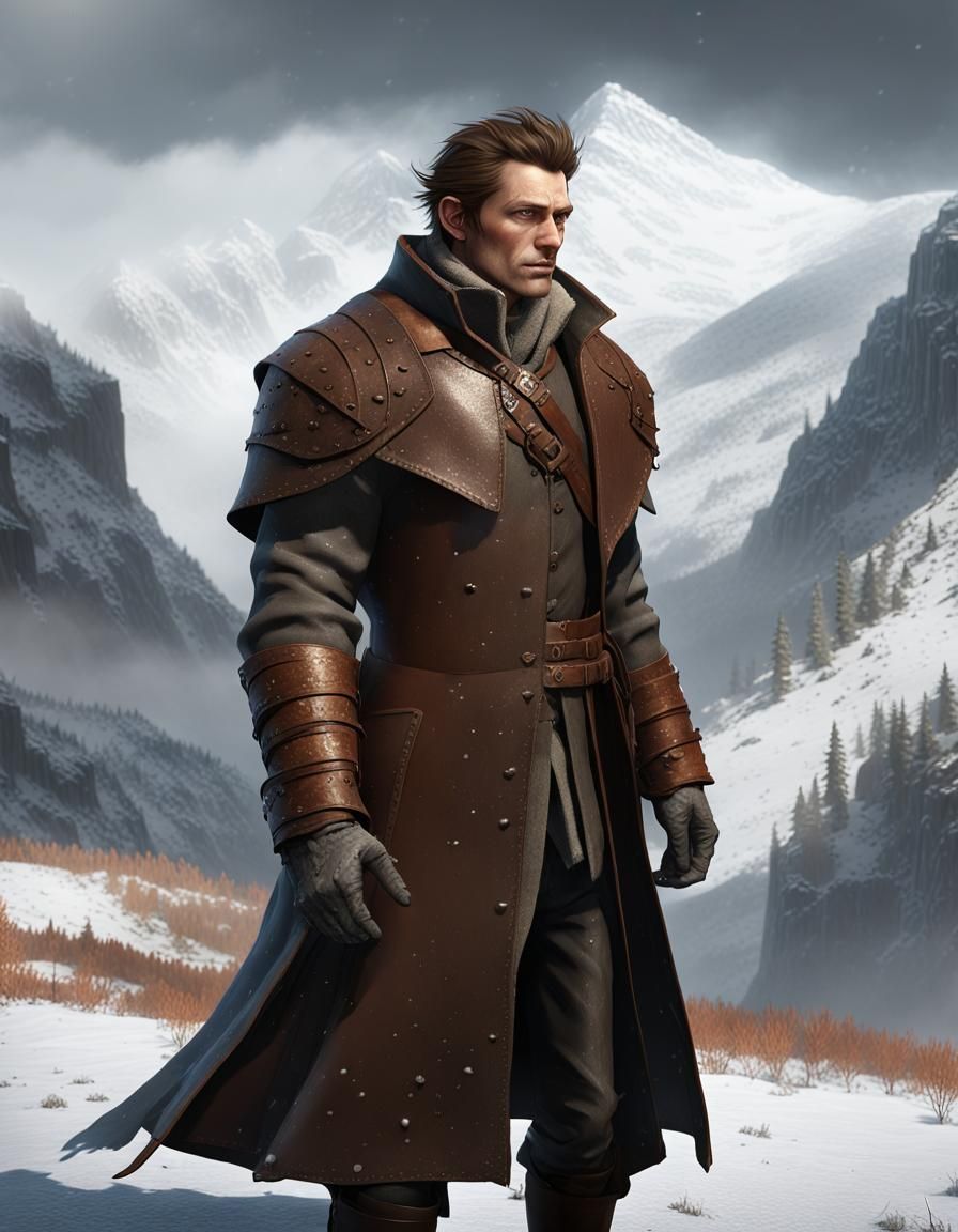 Monster Slayer in Snowy Pass, Hyperdetailed Concept Art