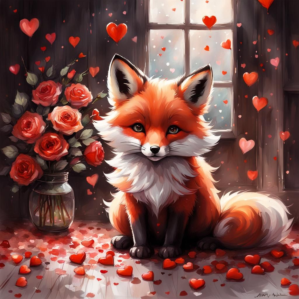 Whimsical Fox Pup with Roses in Cozy Cottage