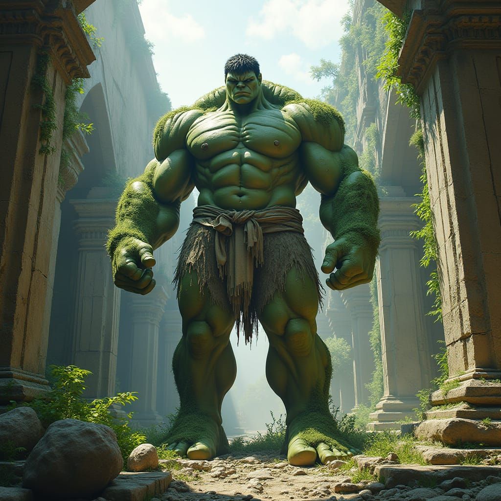 Colossal, Moss-Covered Hulk Statue in Ancient Ruins