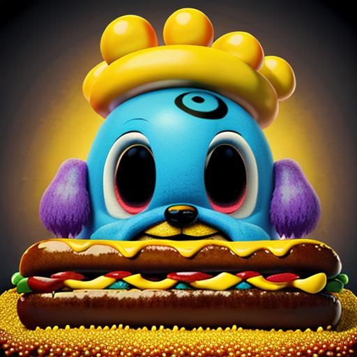 Fuzzy Bejeweled Blob Eats Hotdog: Surreal 3D Art