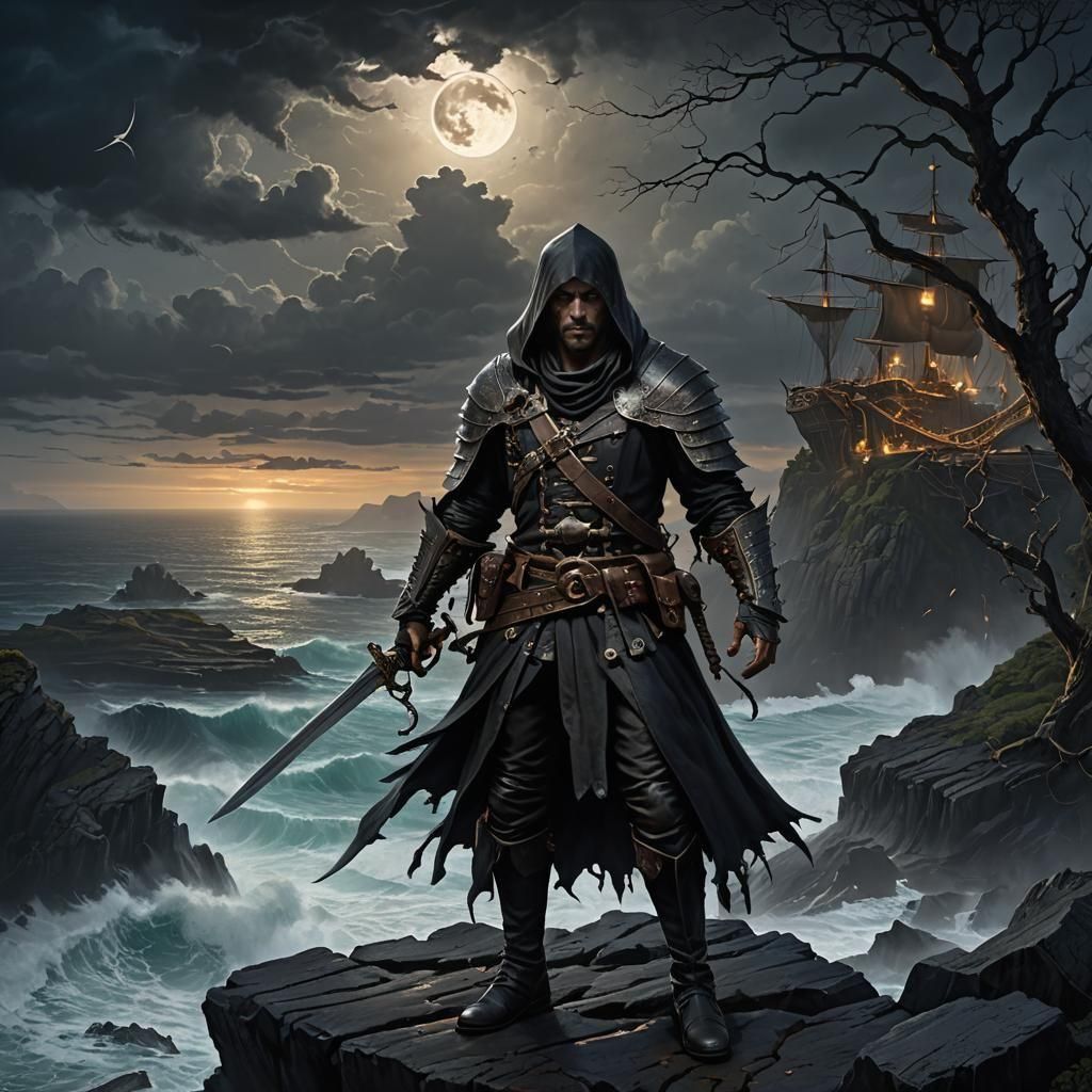 Dark Assassin Pirate on Coastal Night in Fantasy Art