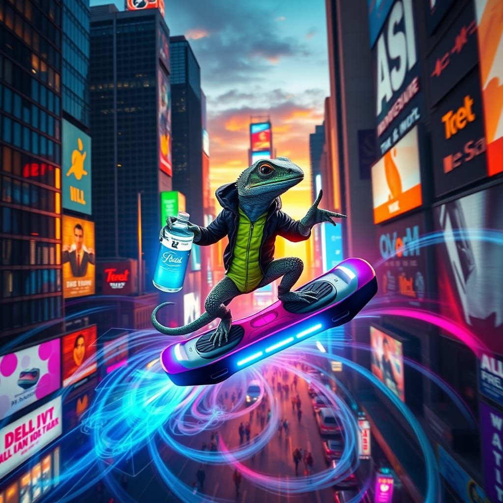 Lizard Soars Over Times Square on High-Tech Hoverboard, Neon...