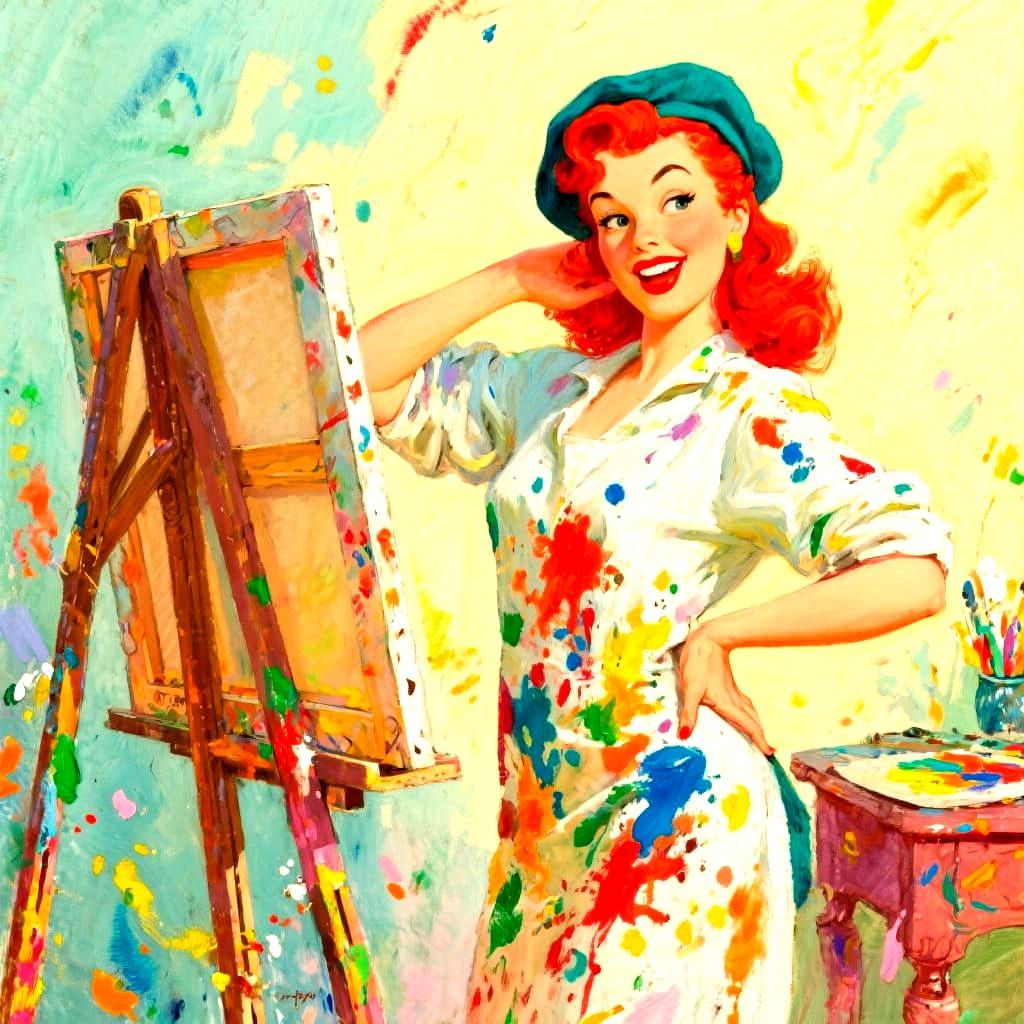 Vibrant Woman Artist in Playful Expressionist Oil Painting