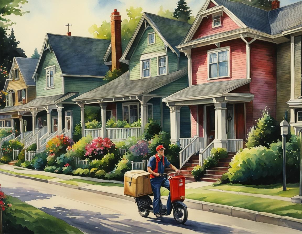 Postman Delivers Mail in Watercolor Suburbia