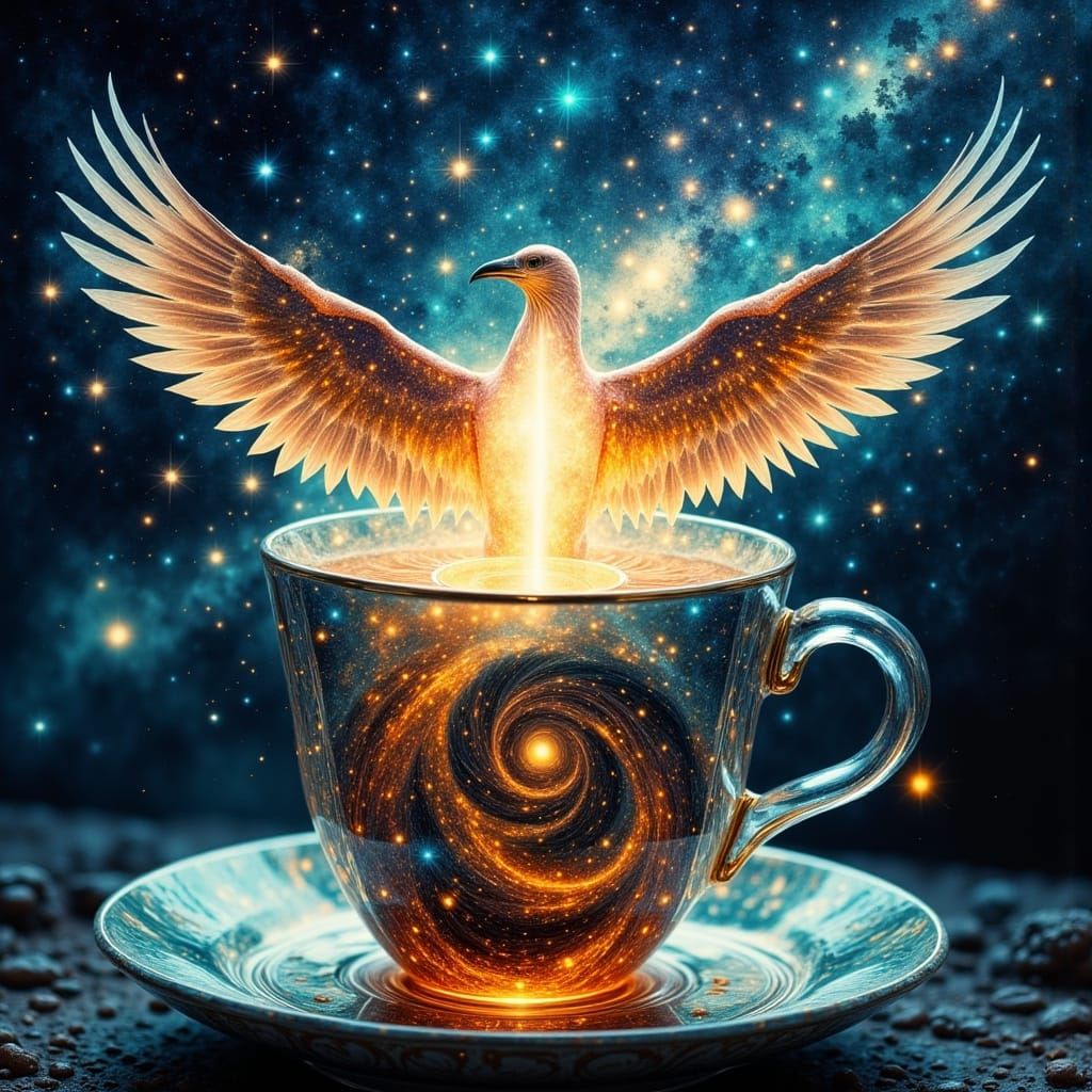 Epic Swirling Galaxy in a Teacup on a Soaring Magic Bird