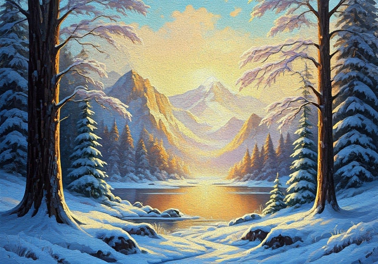Winter Landscape with Golden Light, Oil and Acrylic