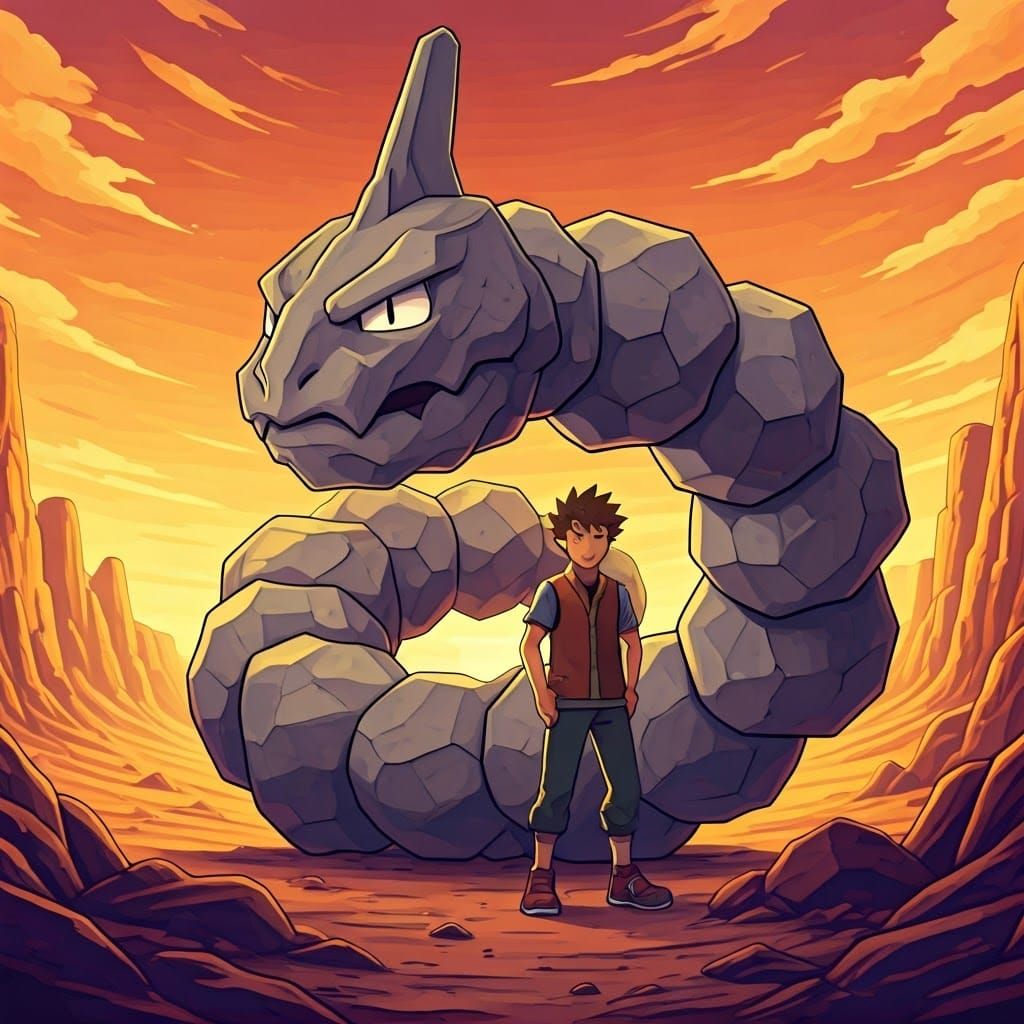 Brock and Onix in Cyberpunk-Infused Desert Landscape