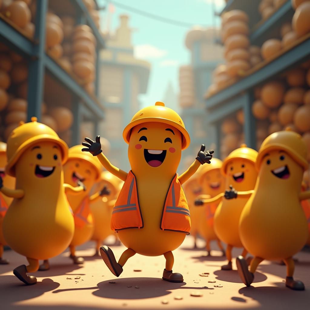 Dancing Peanut Character in a Whimsical Factory