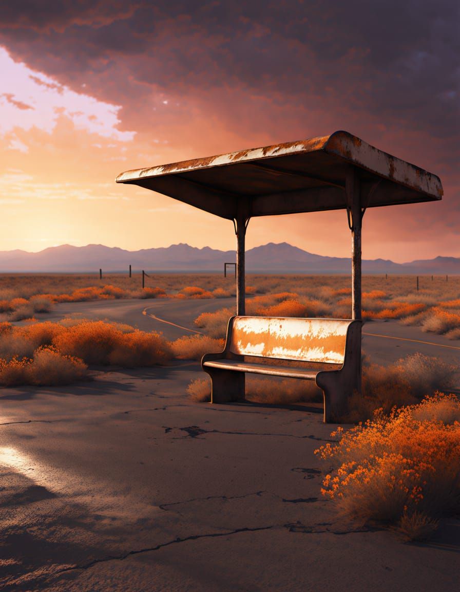 Desolate Desert Bus Stop at Twilight
