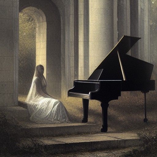 Eerie Piano Performance in Cemetery: Doré Aesthetic