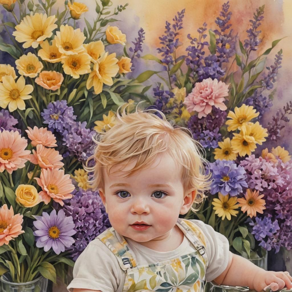 Baby with Flowers in Watercolor, Art Nouveau Style
