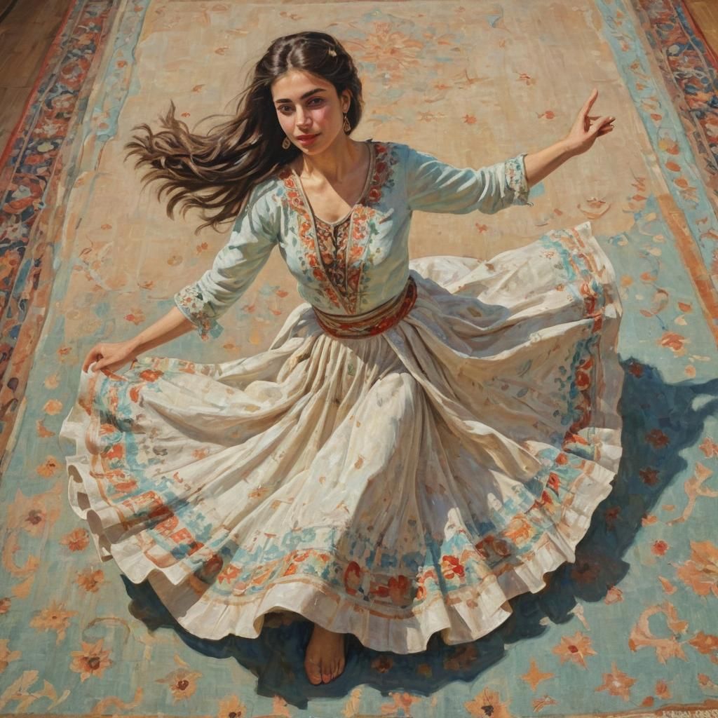 Iranian Girl Dancing: Expressionist Oil Painting