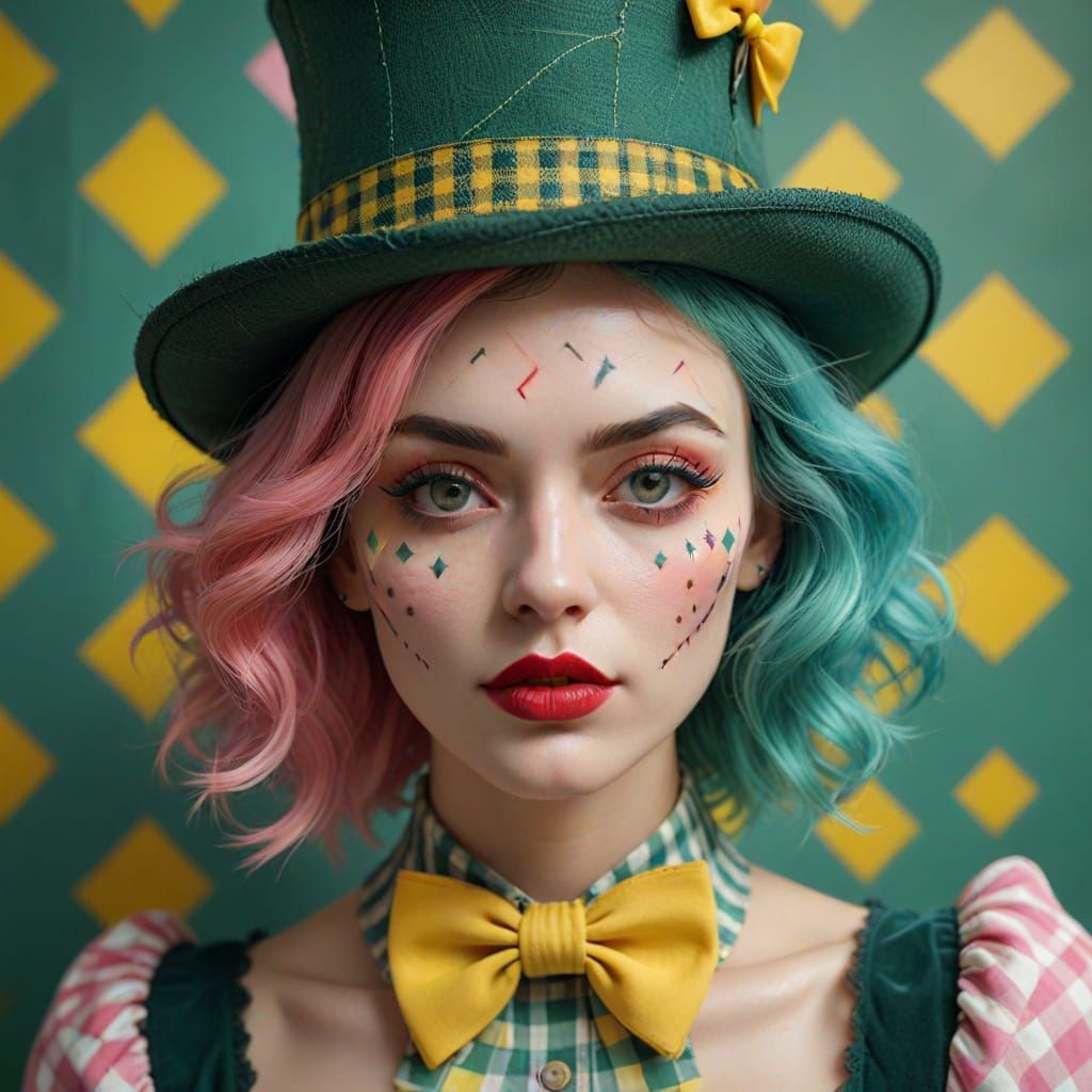 Mad Hatter Woman in Vibrant Gingham Checkered Top Hat