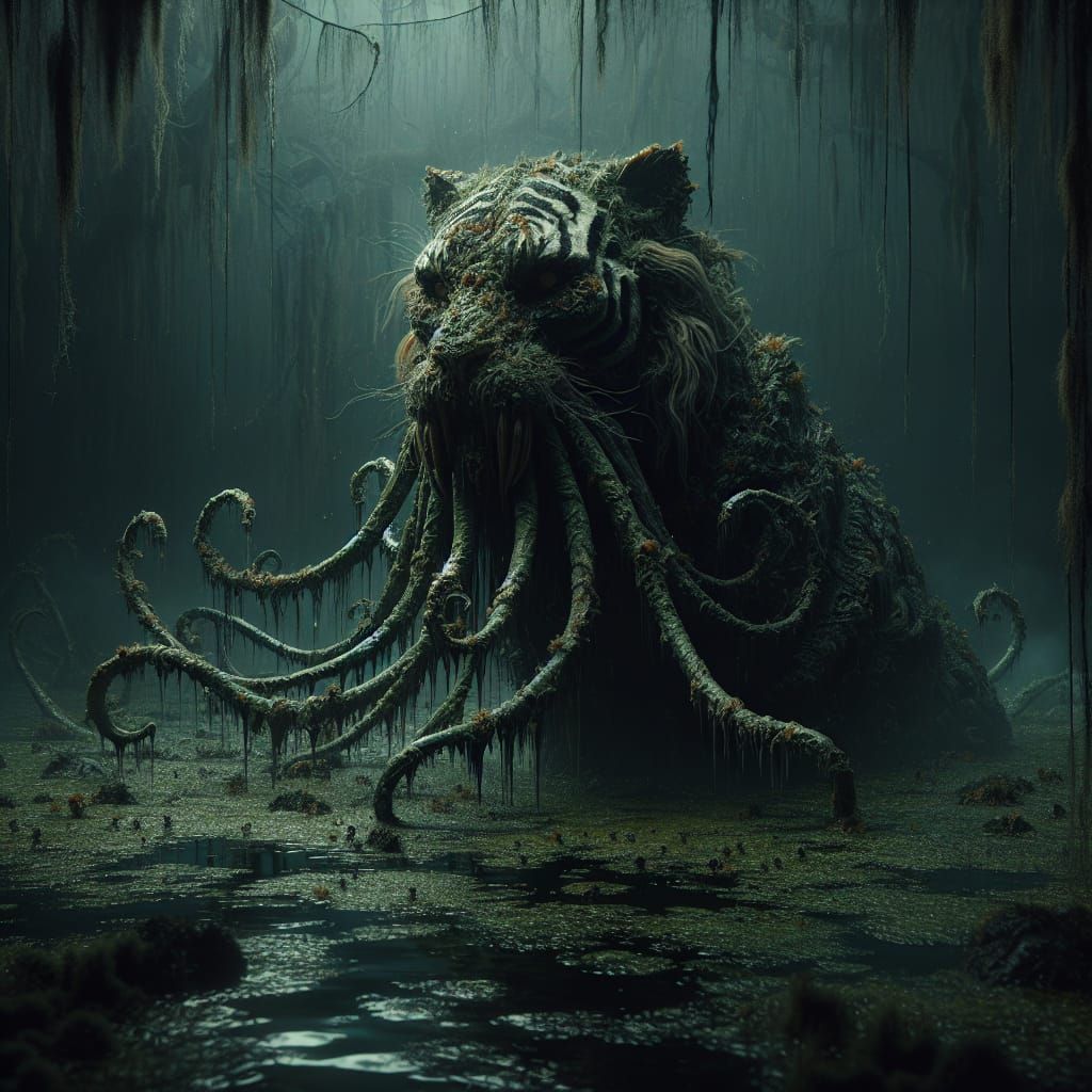 Ominous Swamp Tiger Portrait in Dark Art Style