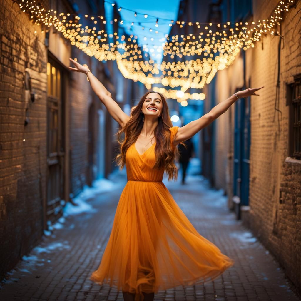Festive Woman Dancing in Christmas Alley