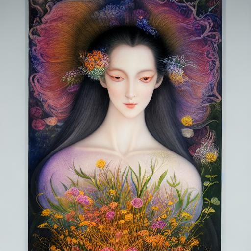 Woman with Flower, Etching and Watercolor Style