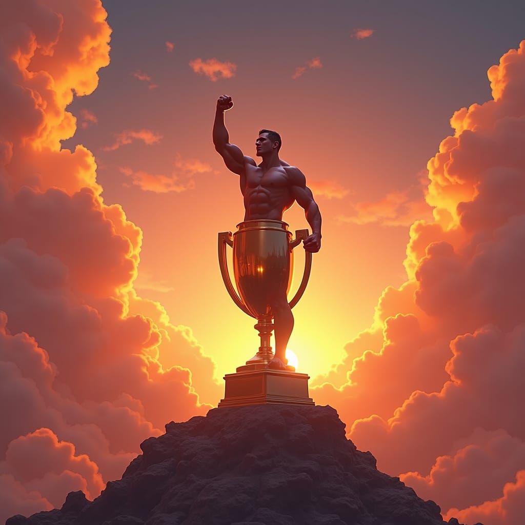 Hero's Victory on Golden Trophy in Mystical Landscape