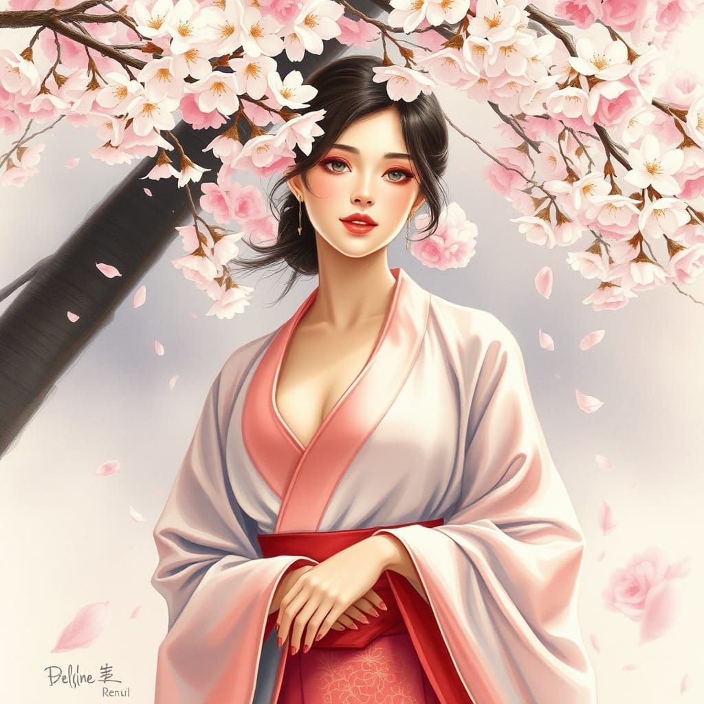 Graceful Woman in Kimono Beneath Cherry Blossoms