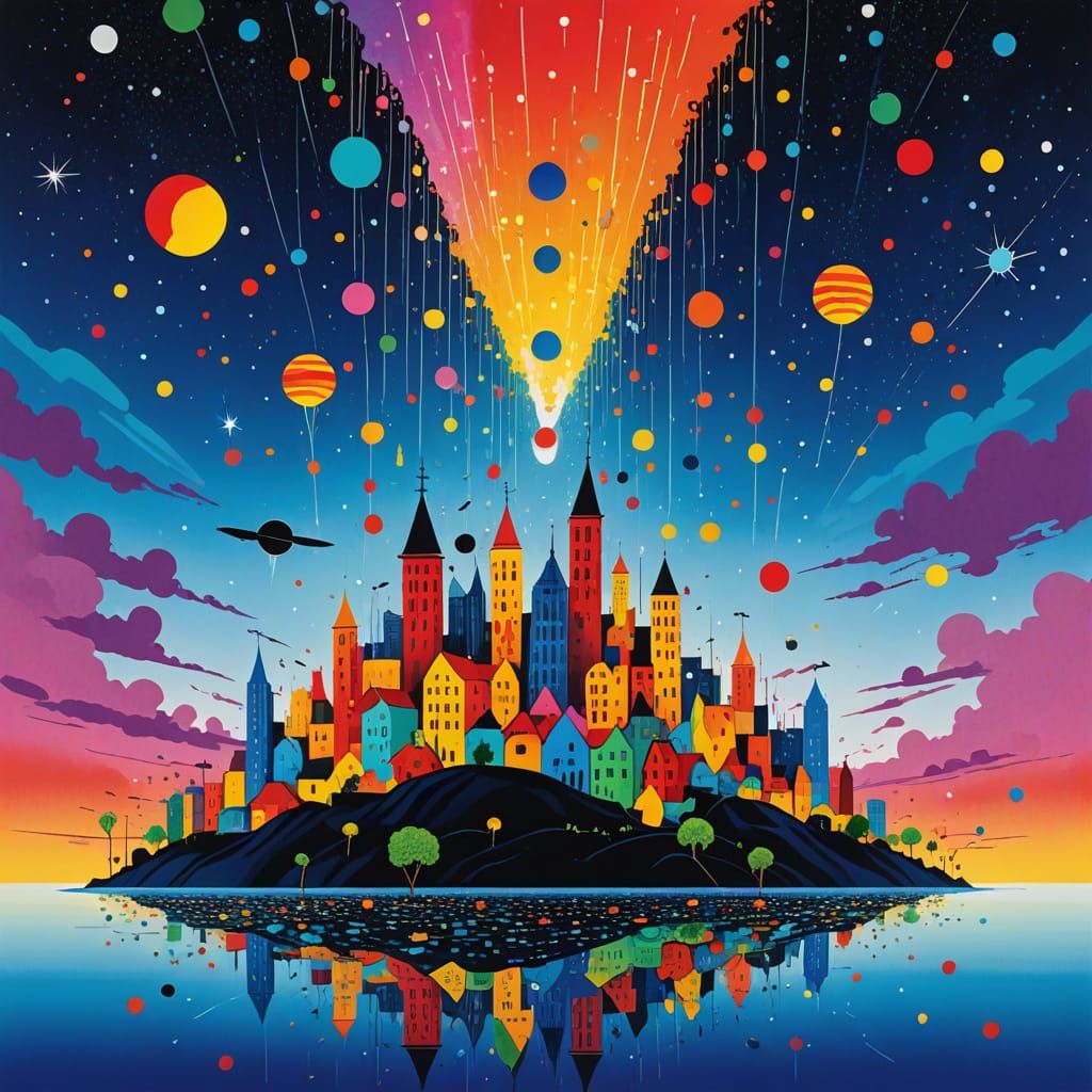 Floating City Concept Art with Aboriginal Dot Art Style