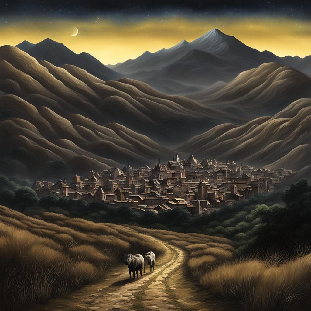 Impasto Night Scene: Figures Running into Hills