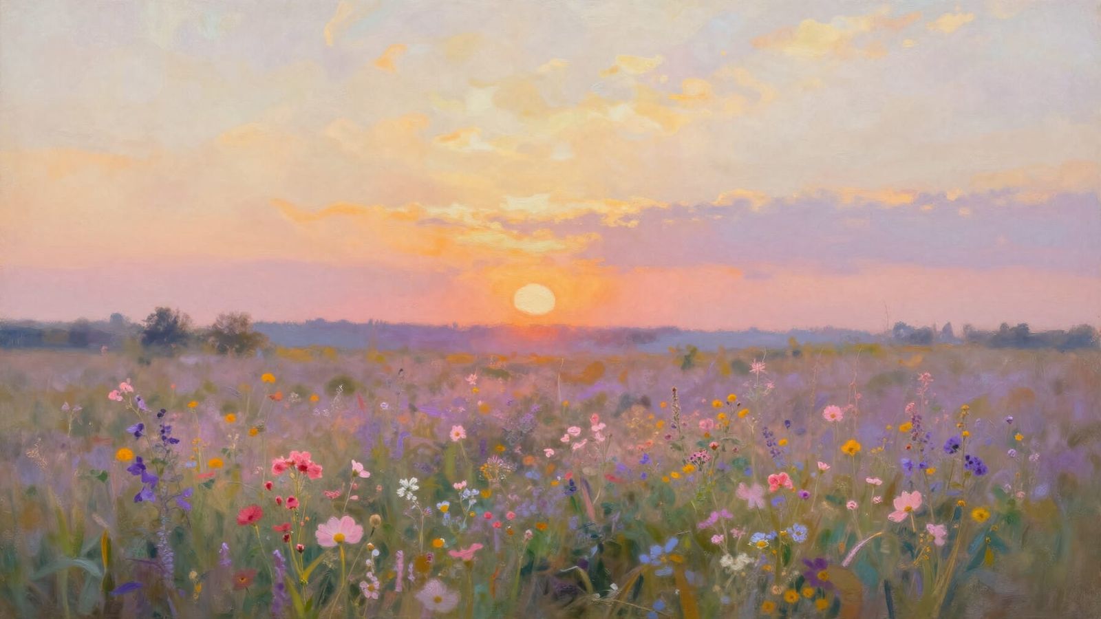 Serene Wildflower Field at Sunset in Impressionist Style