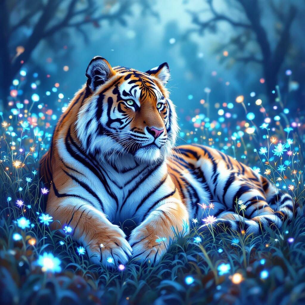 Blue Bengal Tiger in Bioluminescent Field