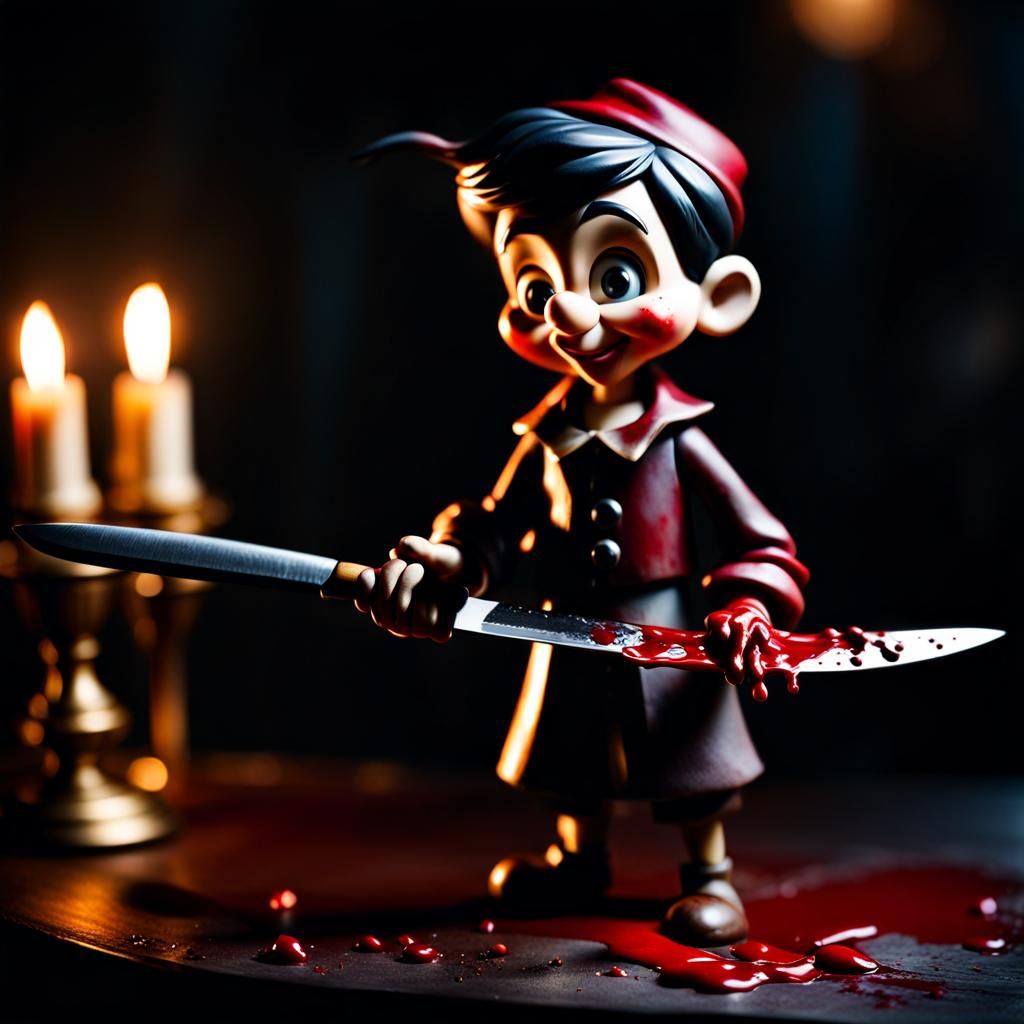 Sinister Pinocchio with Knife in Dark Concept Art