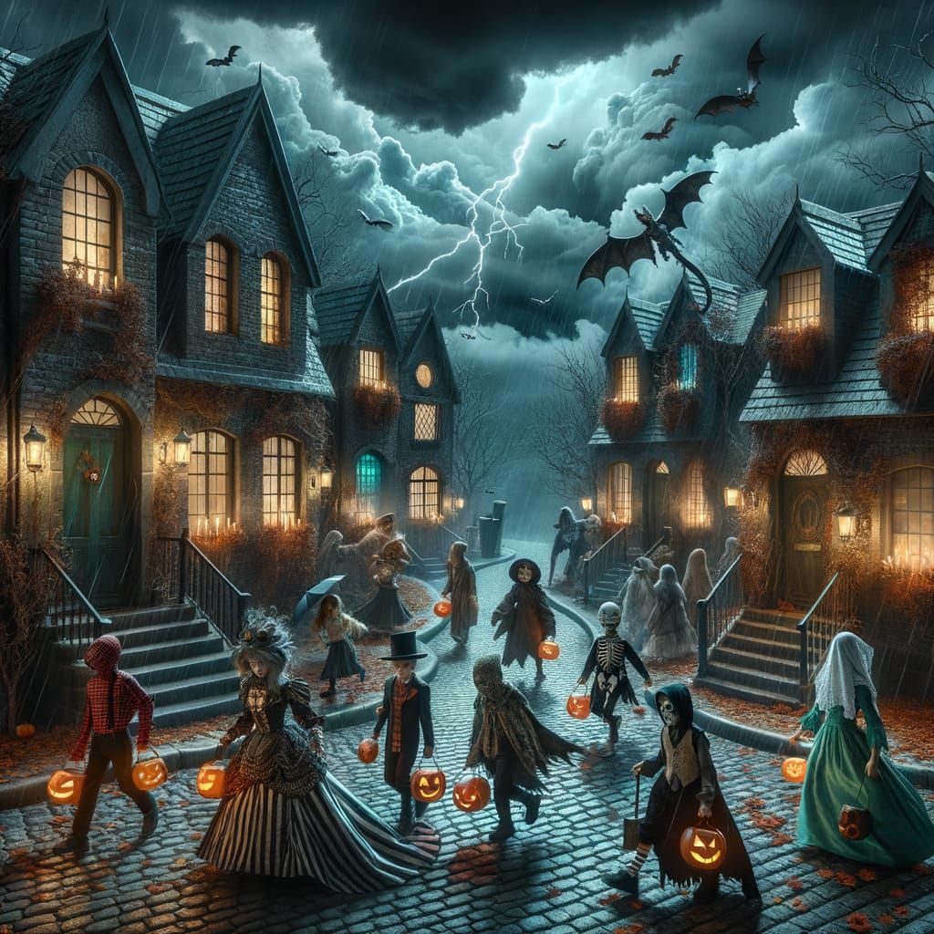 Haunted Halloween Trick-or-Treating Amidst a Fierce Storm