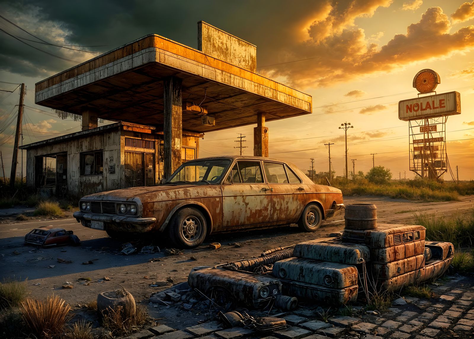 Abandoned Car at Shell Station, Cinematic Film Still