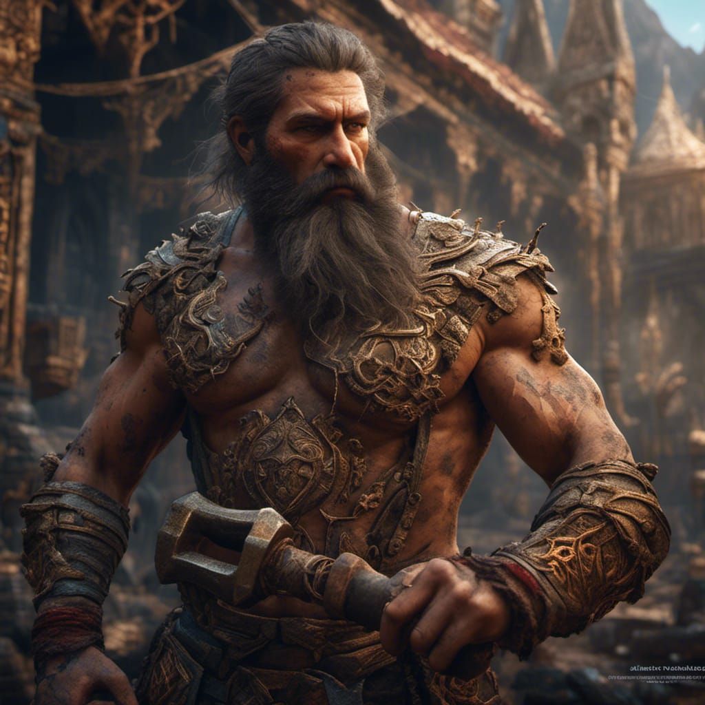 Strong Man with Hammer: Detailed Matte Painting